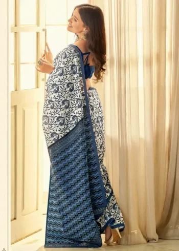 White Linen Cotton Saree with Elegant Printed Design back