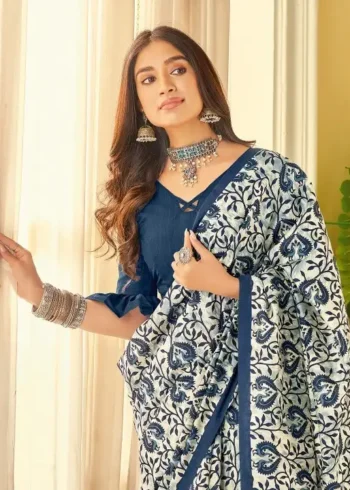 White Linen Cotton Saree with Elegant Printed Design close