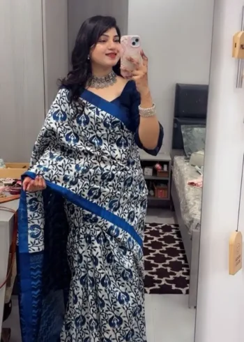 White Linen Cotton Saree with Elegant Printed Design front