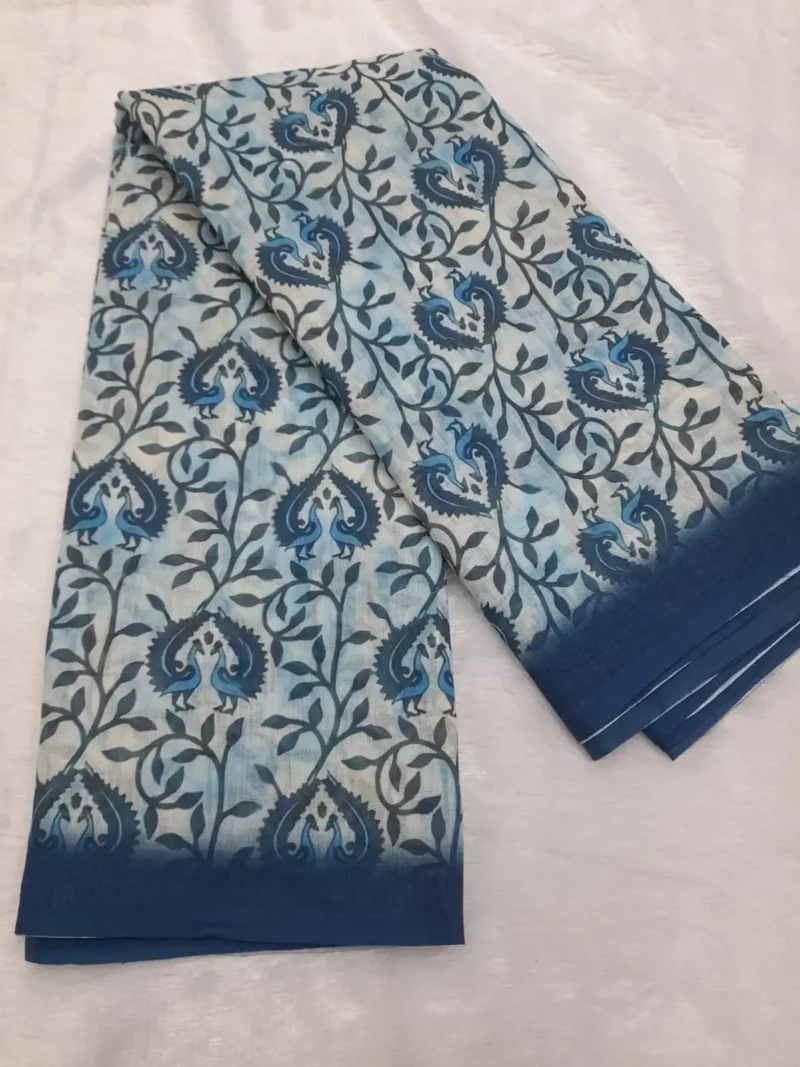 White Linen Cotton Saree with Elegant Printed Design real