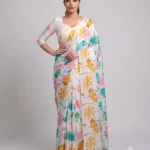 White Multi Colour Satin Silk Printed Saree