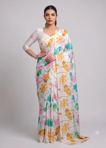 White Multi Colour Satin Silk Printed Saree