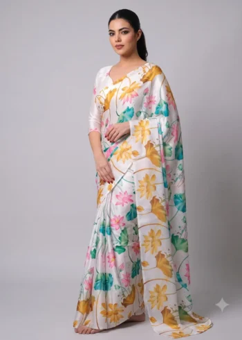White Multi Colour Satin Silk Printed Saree side look