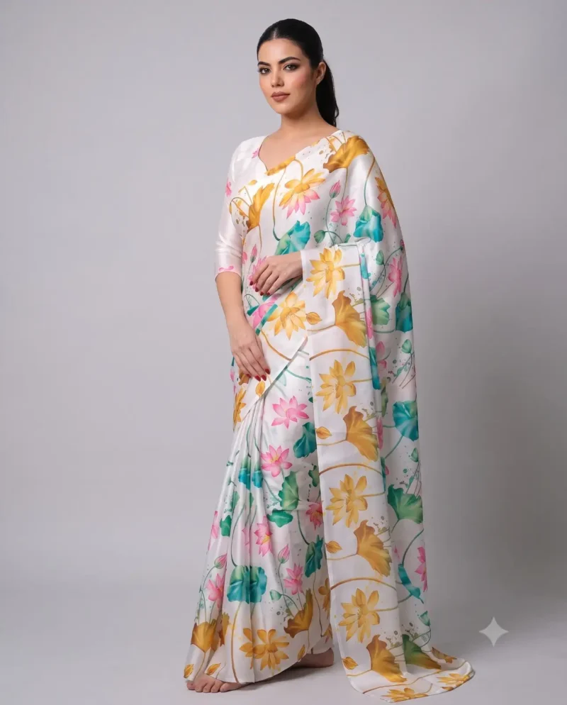 White Multi Colour Satin Silk Printed Saree side look