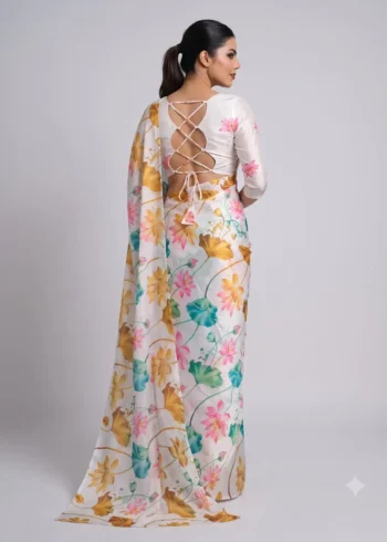 White Multi Colour Satin Silk Printed Saree back side
