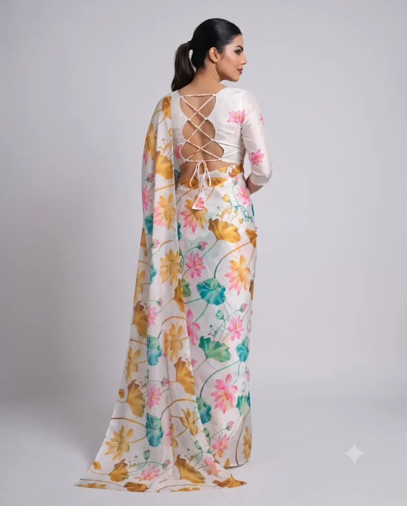 White Multi Colour Satin Silk Printed Saree back side