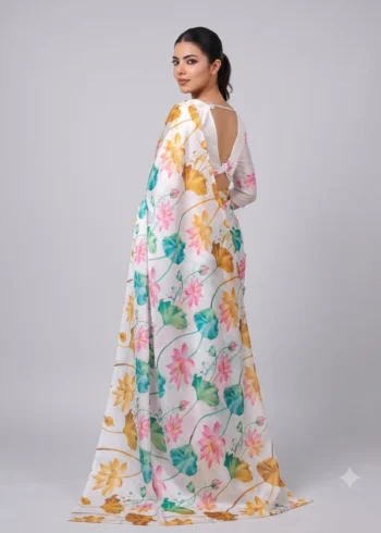 White Multi Colour Satin Silk Printed Saree side look