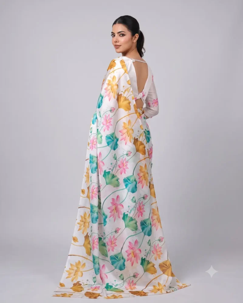 White Multi Colour Satin Silk Printed Saree side look
