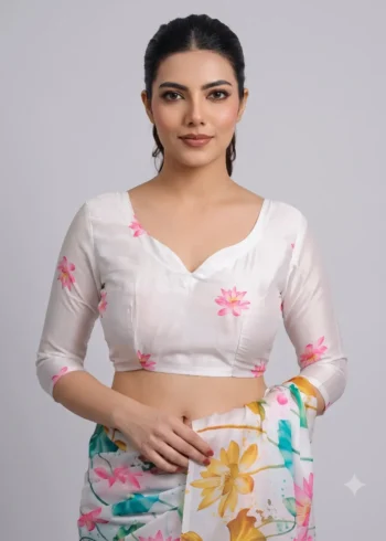 White Multi Colour Satin Silk Printed Saree blouse