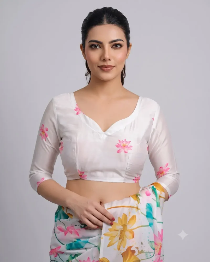 White Multi Colour Satin Silk Printed Saree blouse