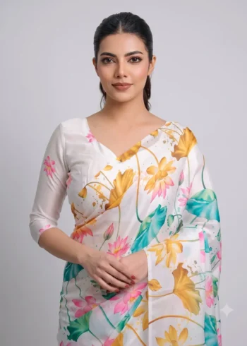 White Multi Colour Satin Silk Printed Saree close look