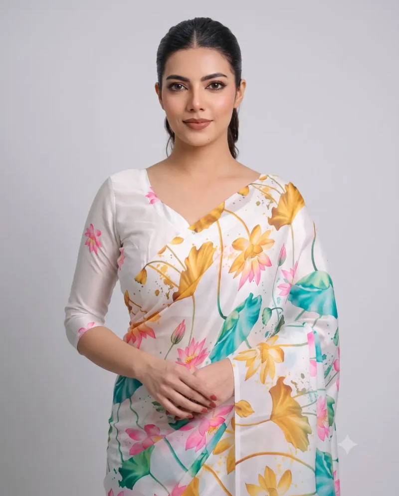 White Multi Colour Satin Silk Printed Saree close look