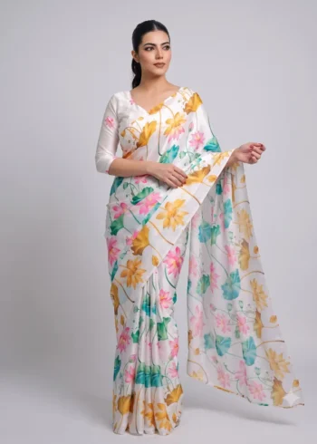 White Multi Colour Satin Silk Printed Saree pallu look