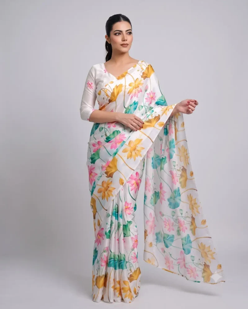 White Multi Colour Satin Silk Printed Saree pallu look