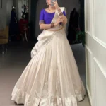 White South Indian Pattu Lehenga Choli with Beadwork with blue blouse
