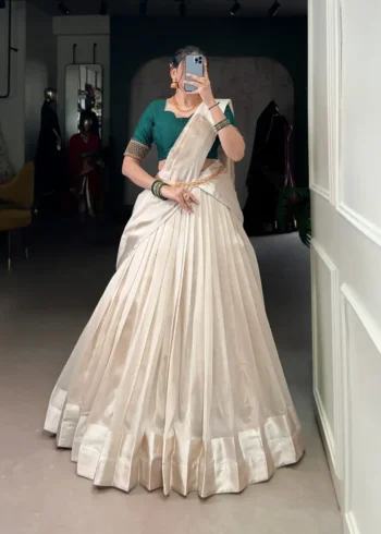 White South Indian Pattu Lehenga Choli with Beadwork with Green Blouse