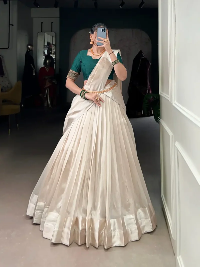 White South Indian Pattu Lehenga Choli with Beadwork with Green Blouse
