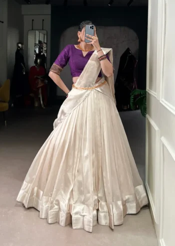 White South Indian Pattu Lehenga Choli with Beadwork with Purple Blouse