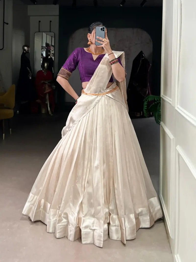 White South Indian Pattu Lehenga Choli with Beadwork with Purple Blouse
