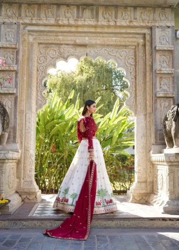 White South Indian Wedding Half Saree Lehenga with Sequins Embroidery back design