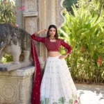 White South Indian Wedding Half Saree Lehenga with Sequins Embroidery front look