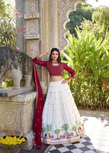 White South Indian Wedding Half Saree Lehenga with Sequins Embroidery front look