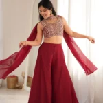 Wine Red Crunchy Silk Indo Western Crop Top Palazzo Set
