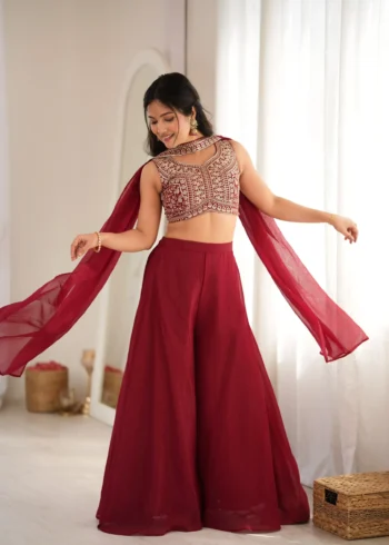 Wine Red Crunchy Silk Indo Western Crop Top Palazzo Set