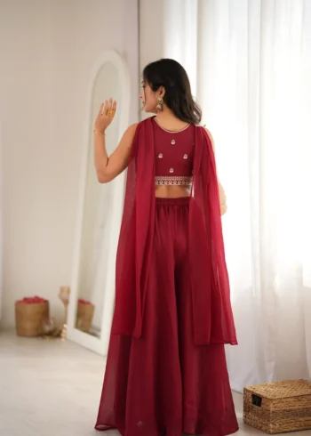 Wine Red Crunchy Silk Indo Western Crop Top Palazzo Set back side design