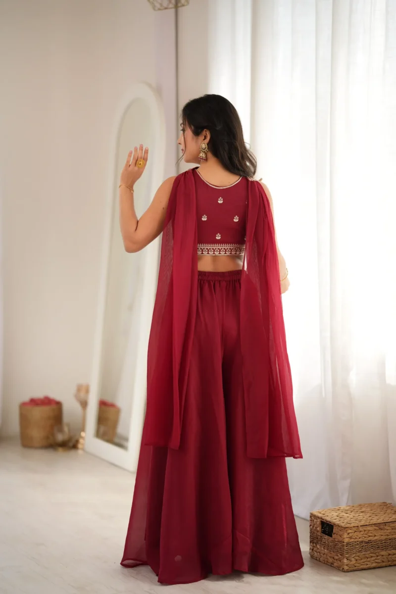 Wine Red Crunchy Silk Indo Western Crop Top Palazzo Set back side design