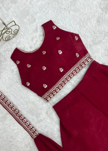 Wine Red Crunchy Silk Indo Western Crop Top Palazzo Set - Image 7
