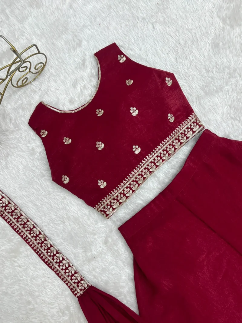 Wine Red Crunchy Silk Indo Western Crop Top Palazzo Set - Image 7