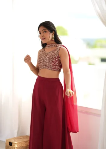 Wine Red Crunchy Silk Indo Western Crop Top Palazzo Set front design