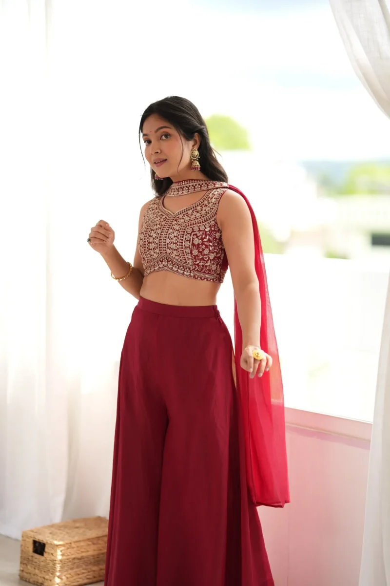 Wine Red Crunchy Silk Indo Western Crop Top Palazzo Set front design