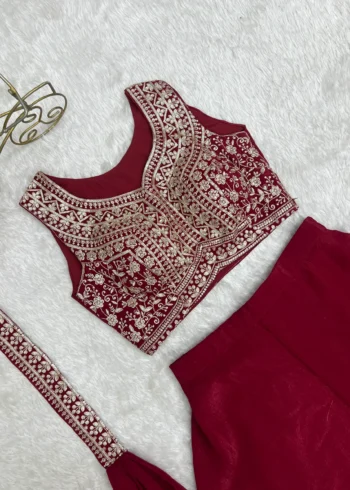 Wine Red Crunchy Silk Indo Western Crop Top Palazzo Set close blouse