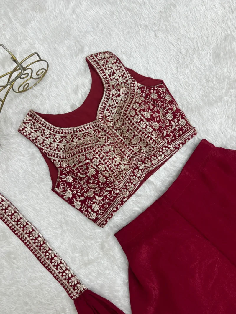 Wine Red Crunchy Silk Indo Western Crop Top Palazzo Set close blouse