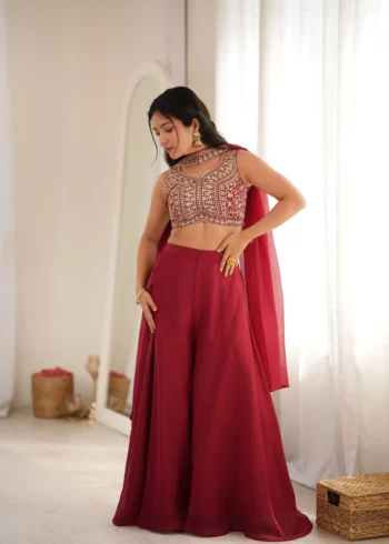 Wine Red Crunchy Silk Indo Western Crop Top Palazzo Set front look
