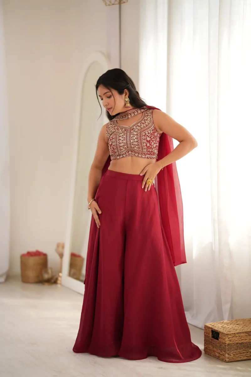 Wine Red Crunchy Silk Indo Western Crop Top Palazzo Set front look