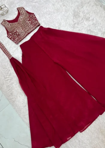 Wine Red Crunchy Silk Indo Western Crop Top Palazzo Set live