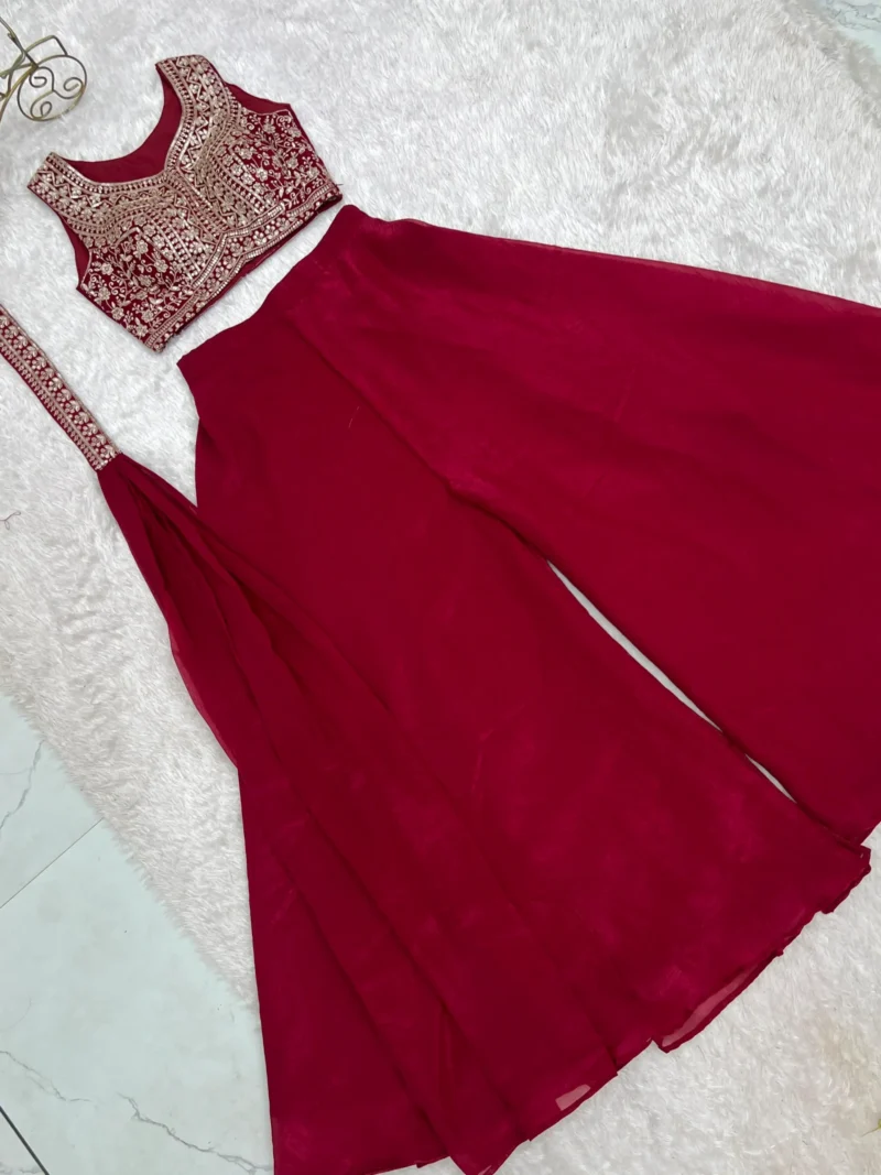 Wine Red Crunchy Silk Indo Western Crop Top Palazzo Set live