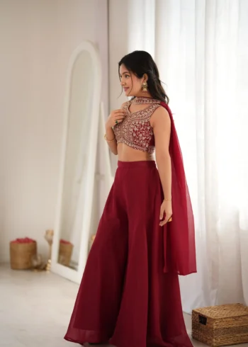 Wine Red Crunchy Silk Indo Western Crop Top Palazzo Set side look