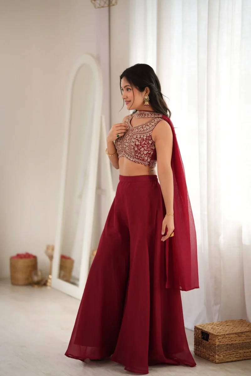 Wine Red Crunchy Silk Indo Western Crop Top Palazzo Set side look