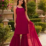 Wine Red Fox Blooming Georgette Sharara Suit Set front design