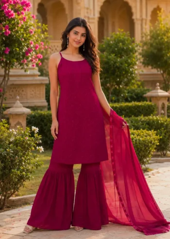 Wine Red Fox Blooming Georgette Sharara Suit Set front design
