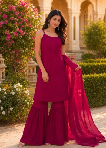 Wine Red Fox Blooming Georgette Sharara Suit Set full look