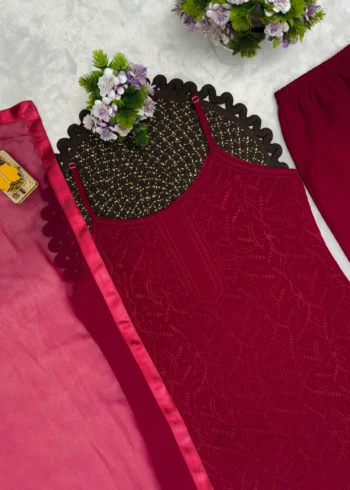 Wine Red Fox Blooming Georgette Sharara Suit Set close work