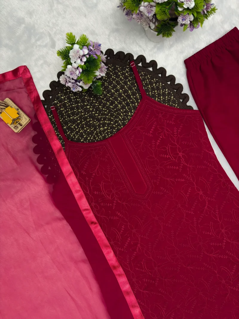 Wine Red Fox Blooming Georgette Sharara Suit Set close work