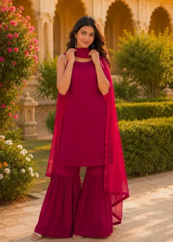 Wine Red Fox Blooming Georgette Sharara Suit Set front look