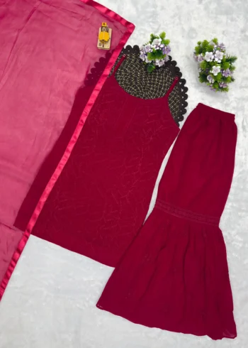 Wine Red Fox Blooming Georgette Sharara Suit Set live image
