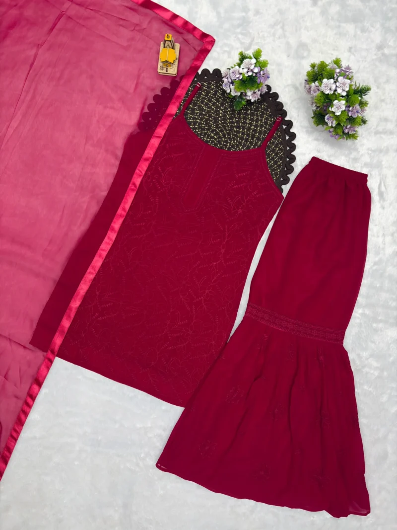 Wine Red Fox Blooming Georgette Sharara Suit Set live image